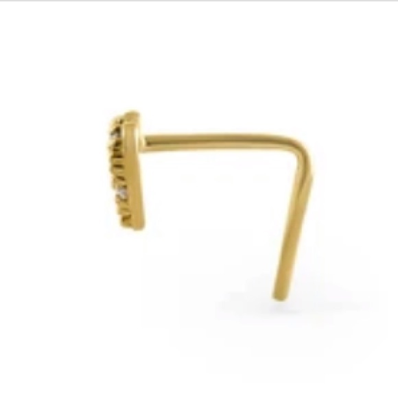 Stamped 14K Solid Yellow Gold Heart CZ diamond Bling L-Hook Nose Stud - Picture 2 of 6